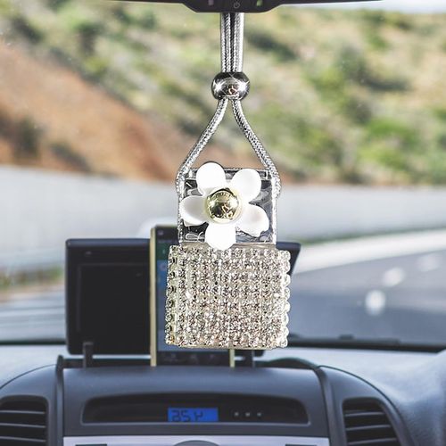 UHANBUT Bling Car Rear View Mirror Charm, Rhinestones Automotive Hanging Pendant, Empty Essential Oil Bottle, Vehicle Interior Decoration Accessories, Perfume Diffuser for Women Girls (Silver)