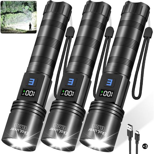 3Pack Rechargeable Flashlights 990,000 High Lumens, Super Bright Flashlight with LCD Digital Display, 5Modes Adjustable LED Flashlight Tactical Flashlights High Powered, Flash Lights for Emergency
