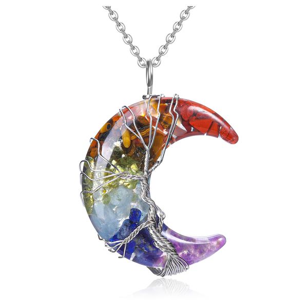 CrystalTears Chakra Crystal Necklace Tree of Life Wire Wrapped Moon Gemstone Pendant Resin Reiki Healing Quartz Crystal Stone Necklaces Jewelry Mothers Day Gifts for Mum Women Wife