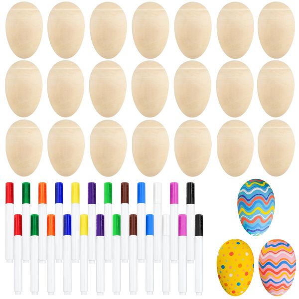 Morcheiong 12 Pcs Wooden Egg Shakers, DIY Egg Shakers Musical Instruments Set with 12 Pcs Multicolor Pens, Egg Maracas Easter Egg Favors for Kids