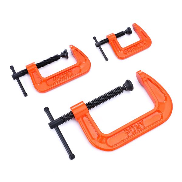 PONY Malleable Iron C-Clamp Set, 3-Piece, (1", 2", 3") Orange