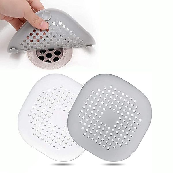 CCLKHY Drain Strainer Protector, Silicone Hair Catcher, 2 Pcs Sink Shower Drain Covers, Kitchen Bathtub Strainer Plug Trap Filter, Grey and White, Durable, Anti-clogging