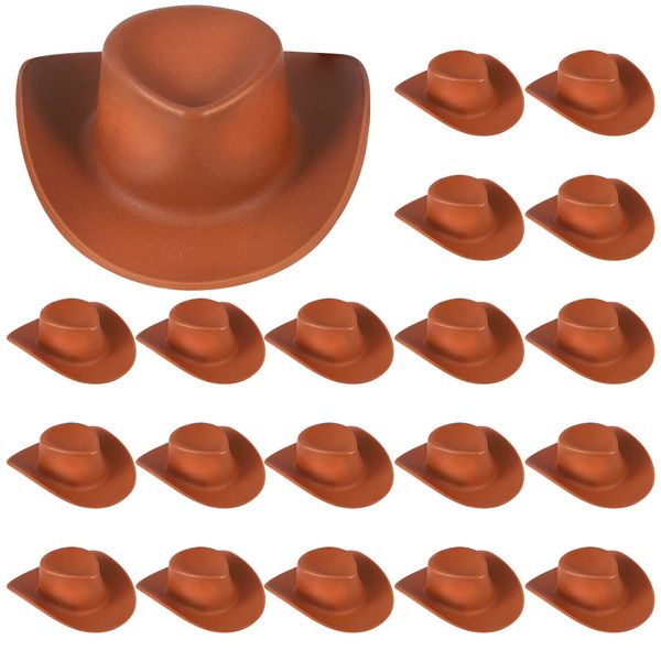 20 Pcs Plastic Mini Cowboy Hat for Crafts Miniature Western Cowgirl Hats Tiny Dress Hat for Dollhouse Party Decoration (Brown)