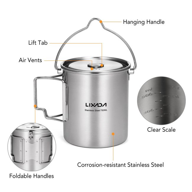 Lixada 3 Pieces Titanium 750ml Pot 420ml Water Cup Mug with Lid