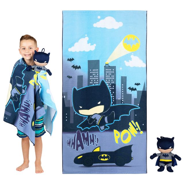 Franco Batman Kids Bath/Pool/Beach Super Soft Mesh Scrubby Toy Loofa and Microfiber Towel 2 Piece Set, 50 in x 25 in