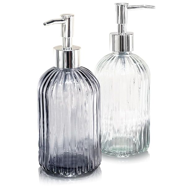 VAKOWOO 2 Pack Soap Dispenser with Pump, Hand Soap Dispenser, 14 Oz Refillable Glass Liquid Lotion Jar Dispenser, Kitchen Dish Soap Dispenser Glass Bottle with Pump for Bathroom, Laundry Room