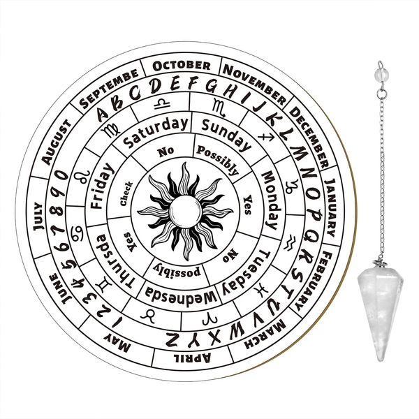 CREATCABIN Pendulum Board with Crystal Necklace Sun Wooden Carven Metaphysical Message Board Dowsing Divination Mat Witchcraft Altar Supplies Kit for Wiccan Beginner Spirit Decoration 7.9inch