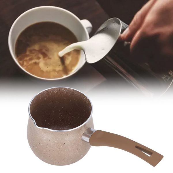 Non Stick Milk Pan, 10cm Single Handle Coffee Warmer Boiling Pot with Long Handle, Aluminum Alloy Anti Scalding, Mini Milk Pan for Cooking(Brown)