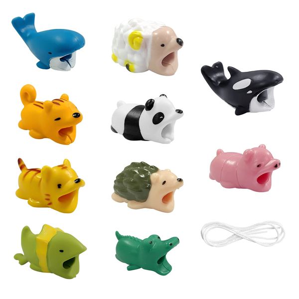 10 pieces of cartoon animal protective cover, with 1 coil protective rope, cute cable protector, mini charging cable protector, push-bite cable shield