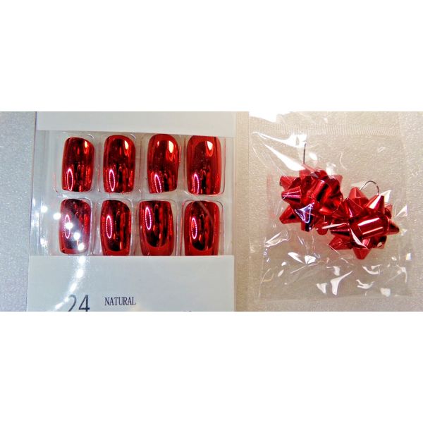 Christmas Shiny Red Chrome Nails & Bow Earrings Set Medium