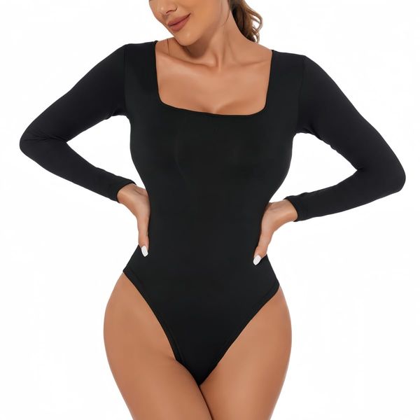 WinsGreat Women's Long Sleeve Bodysuit, Square Neck, Leotard, Thin Top, Jumpsuit, Body Shaper, Innerwear, Slimming, Stretchy, Breathable, Beautiful Chests, Clubwear, Black