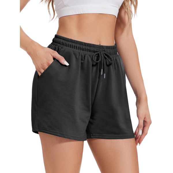 Heersan Women's Running Shorts Casual Gym Walking Workout Hiking Jogging Sport Comfort Solid Colour Drawstring Sweat Shorts with Pockets Black