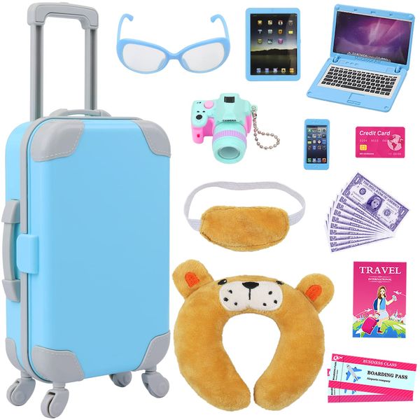 ZITA ELEMENT 22 Pcs 18 Inch Boy Doll Clothes Suitcase Set for 19 Inch Boy Doll Accessories Travel Carrier Storage, Including Suitcase Pillow Blindfold Sunglasses Camera Computer