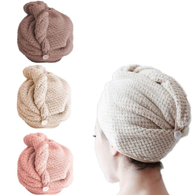 Haarturban, 3 Stück Turban Haartrockentuch mit Knopf Mikrofaser Sanftem Schnelltrocknend Trocknender Haarturban Duschtücher Super Absorbent Haar Trocknendes Tuch für Alle Haartypen