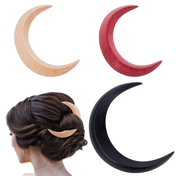 WEBEEDY 3 Stück Handgeschnitzte Mondsichel Haargabel Mond Haarnadel Holz Mond Haarspangen Mond Haarstab Haar Gothic Zubehör Für Frauen Mädchen Haarschmuck Mond Haarstäbchen Halbmond