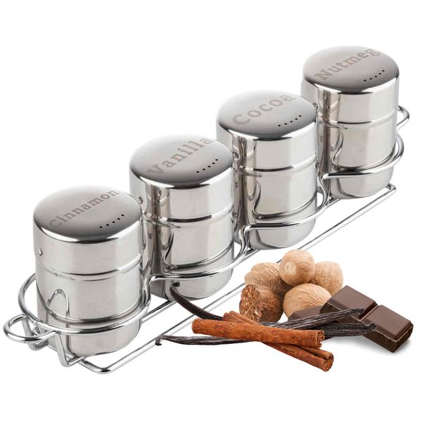 Tablecraft 6 oz Coffee Shaker 4-Piece Set with Rack | Ideal for Cocoa, Cinnamon, Nutmeg | Home, Café, Foodservice & Coffee Bar Use | Stainless Steel Shakers for Seasonings, Spices, & Toppings