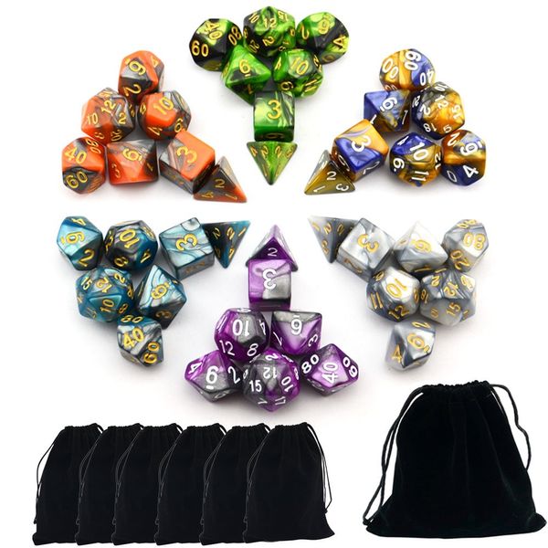 SmartDealsPro 6 x 7 Sets(42 Pieces) Double Colors Polyhedral Dice Set with Pouches for Dungeons and Dragons DND RPG MTG Table Games D4 D6 D8 D10 D12 D20 (6-Colors Set 2)