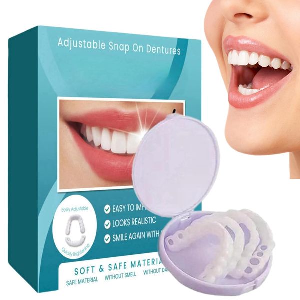 Bettinay 2Pair Dentures False Teeth, Clip on Veneers Top and Bottom, Temporary Adjustable Snap on Dentures Clip