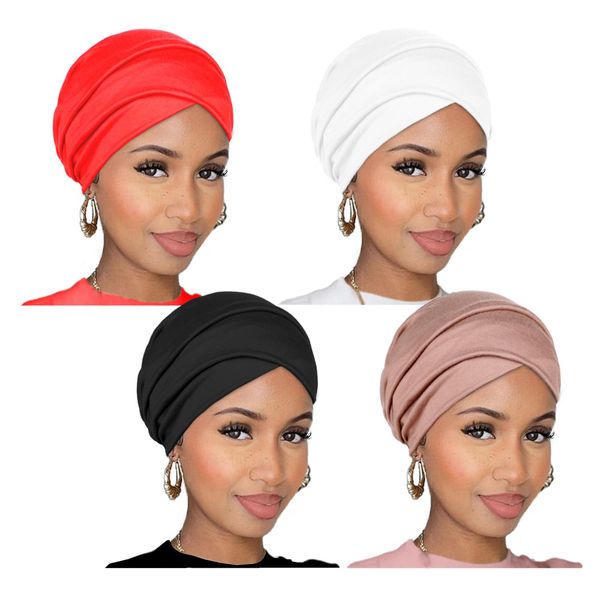 TuTive 4 Pieces Stretch Turban Fashion Extra Wide Headbands Soft Easy Knot Hijab Sleeping Headscarf Hairband Scarves Reversible Turban Headwear Cap Headwraps for Women（Black,Camel,Wine Red,White）