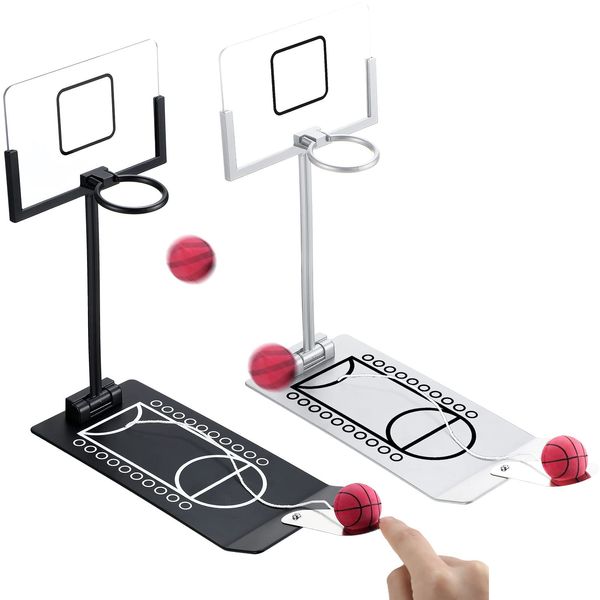 Deekin 2 Pcs Mini Basketball Hoop Desktop Basketball Game Metal Tabletop Basketball Games Desk Toy for Office Kid Adult Fun Sports Novelty Toy Gag Birthday Gift for Back to School(Black, Silver)