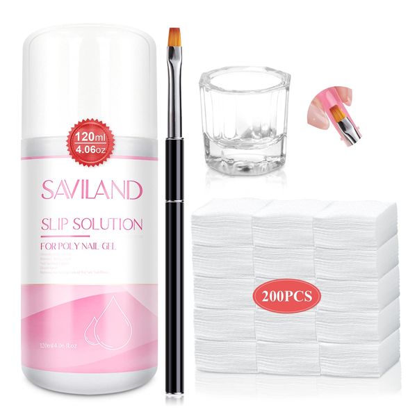 Saviland Poly Gel Slip Solution Kit: 120ML Anti-Stick Slip Solution for Poly Gel Nails Builder Gels Gel Nail Polish Acrylic Powder Sticky Layer Remover Nail Brush Cleaning Pad Dappen Dish Nail Cleaner