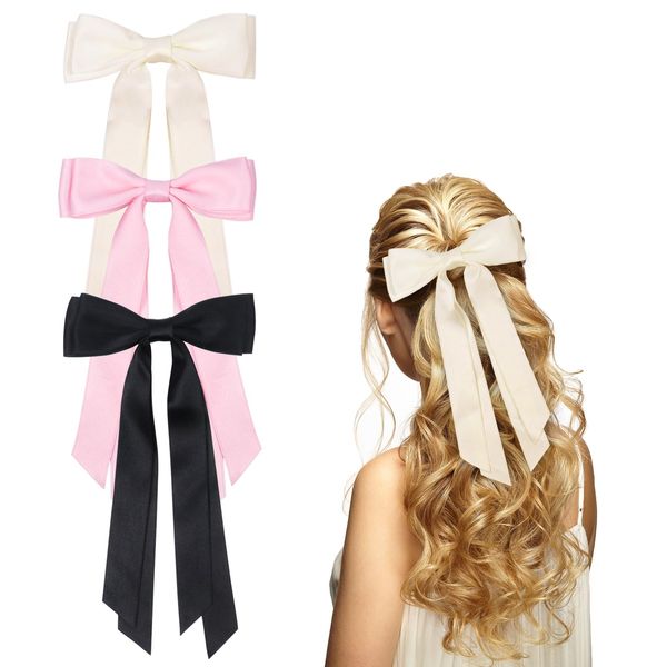 3 Pack Hair Bows Clips Bowknot Tassel Bow Hair Clips with Long Tail, Black Hair Bows for Women Girls(Black, Beige, Pink)