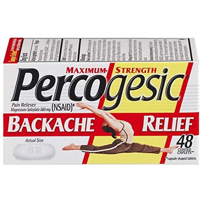 Maximum Strength Percogesic Enhanced Pain Relief -Magnesium Salicylate tetrahydrate 580 mg (NSAID)- Fast Acting Coated Caplets, 48 Count. Aspirin Free Pain Reliever. (Pack of 3)