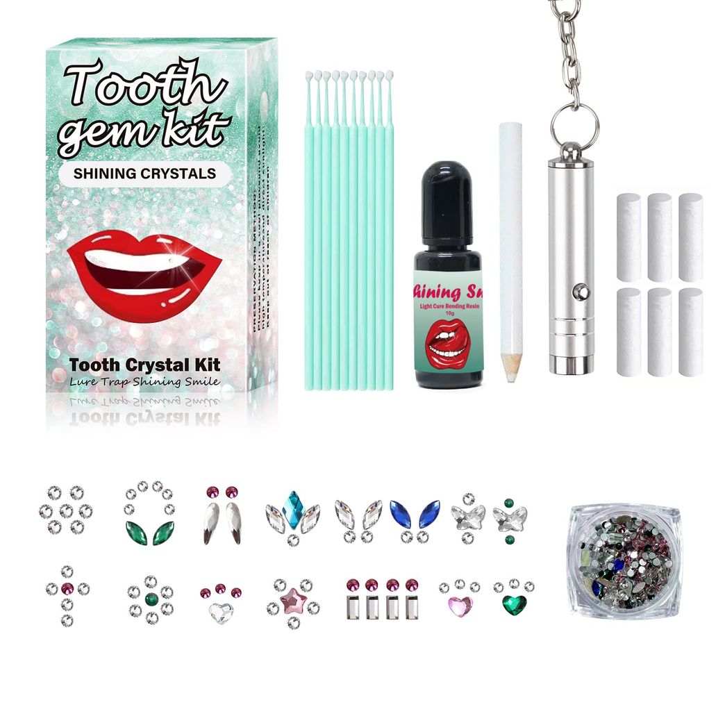 Tooth Gem Kit with Curing Light and Glue, Tooth Crystal Jewelry Starter Kit  with Glue and Crystals, Shining Smile Diy Fashionable Tooth Crystal Kit