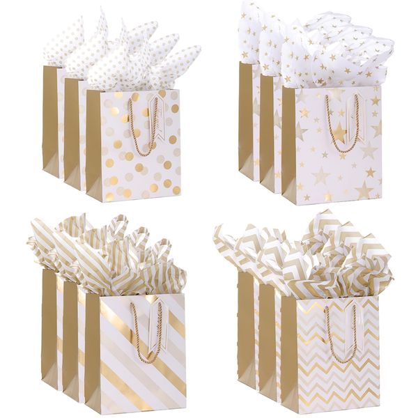 Gift Bags Medium Size with Tissue Paper,12pcs 9" White Gold Wrap Paper Gift Bags with Handles for Shopping Party Wedding Baby Shower Holiday Presents (12)