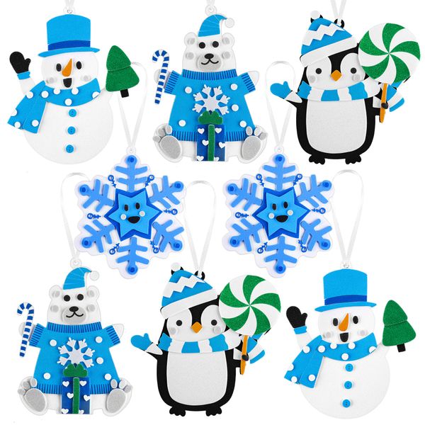 Elcoho 16 Sets Winter Christmas DIY Foam Sticker Craft Kits Winter Stickers Party Decorations DIY Winter Ornaments Craft with Hanging Ribbon for Xmas Party Game Craft Supplies, 4 Styles