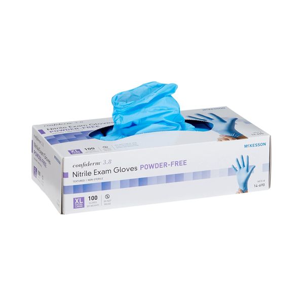 McKesson Confiderm 3.8C Nitrile Exam Gloves, Non-Sterile, Powder-Free, Blue, XL, 100 Count, 1 Box