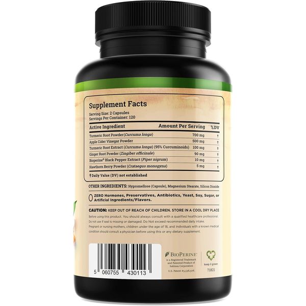 Turmeric Curcumin Supplement - with Ginger, Apple Cider Vinegar, & Bioperine ...