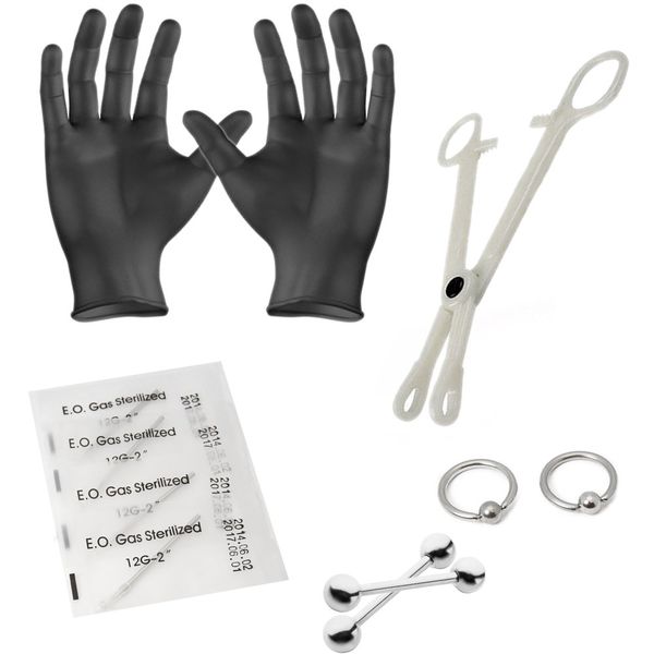 BodyJewelryOnline 10 Pcs. 12 Gauge Piercing Kit Incl. Captives, Barbell, Needles, Forceps, Gloves - PK015