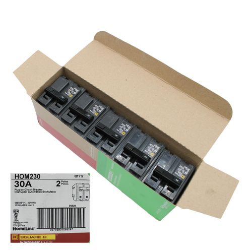 Square D HOM230 Circuit Breaker, 5 Pack, Homeline, 30 Amps, 120/240 Volts, UL Listed, 2 Pole, 10kA AIR, Standard Type, Plug in, Qty 5