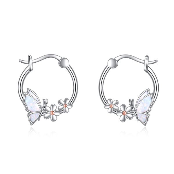 Butterfly Hoop Earrings for Women 925 Sterling Silver Daisy Butterfly Huggie Earrings for Girls White Opal Jewellery Gift for Teens