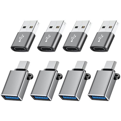 BaseNew USB Type C Adapter 8 Pack,USB to USB C Adapter,USBC Type A Male Female OTG Converter Adaptor,Charger Cable Connector for iPhone 15 14 13,MacBook Pro,iPad,iMac,Grey