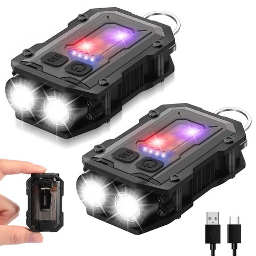 Rossesay 2 Pcs Mini EDC Flashlight Rechargeable Small Keychain Flashlight with White Red Blue Light, 800 High Lumens Pocket USB C LED Cob Portable Flash Lights with Clip and Magnet, 8 Modes