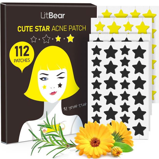 LitBear Acne Patch Pimple Patch, Black & Yellow Star Shaped Acne Absorbing Cover Patch, Hydrocolloid Acne Patches For Face Zit Patch Acne Dots, Tea Tree Oil + Centella, 112 Patches, 14mm & 10mm