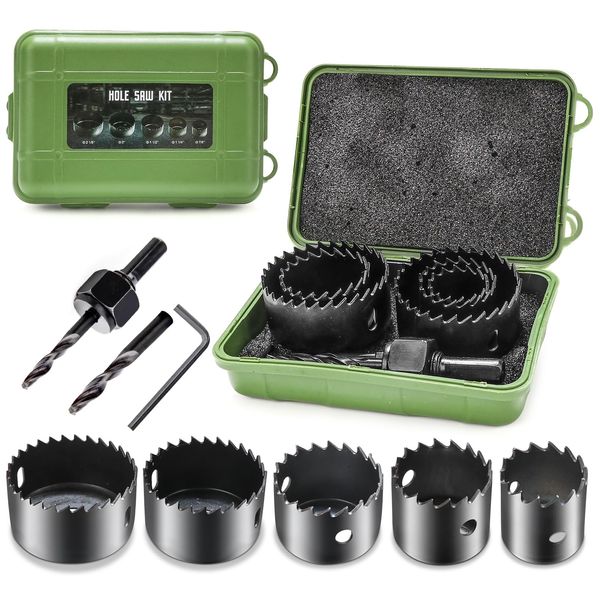 PETUOL Hole Saw Set, 8PCS Hole Saw Kit with 5Pcs Saw Blades Gifts for Men, General Purpose 7/8" to 2-1/8" (22mm-54mm) Hole Saw, Mandrels, Hex Key with Storage Box, Ideal for Soft Wood, PVC, Plastic