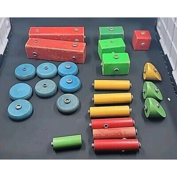 Snap Play Vintage Wooden Building Blocks with Button Snap Lot 24 Piece Toy Lot