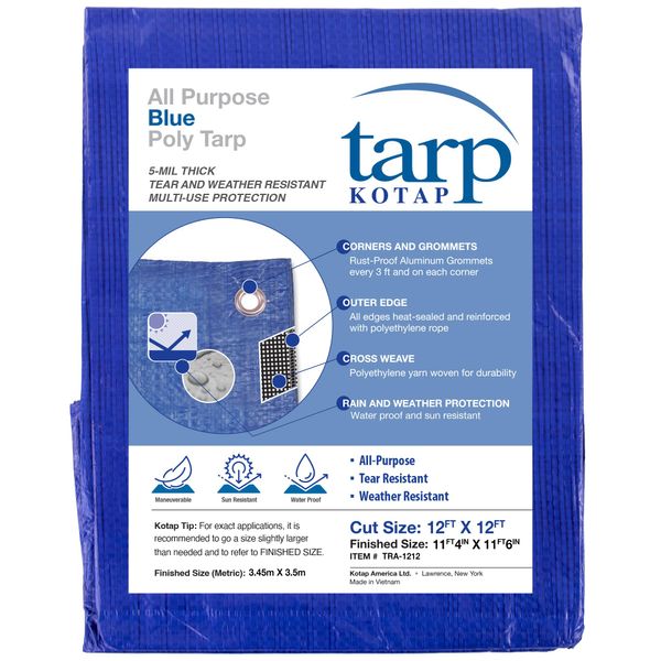 Kotap TRA-1212 Waterproof All-Purpose Multi-Use Protection/Coverage 5-mil Poly Tarp, Cut Size: 12 x 12'/Finished Size: 11' 4" X 11' 6", Blue