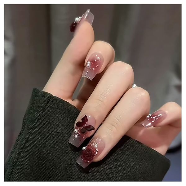 Lwenjing LK15209 Nail Tips, 3D, Handmade, Wedding, Cute, Short, Popular, Japanese Style, Bride Nails, Glossy, Pack of 24