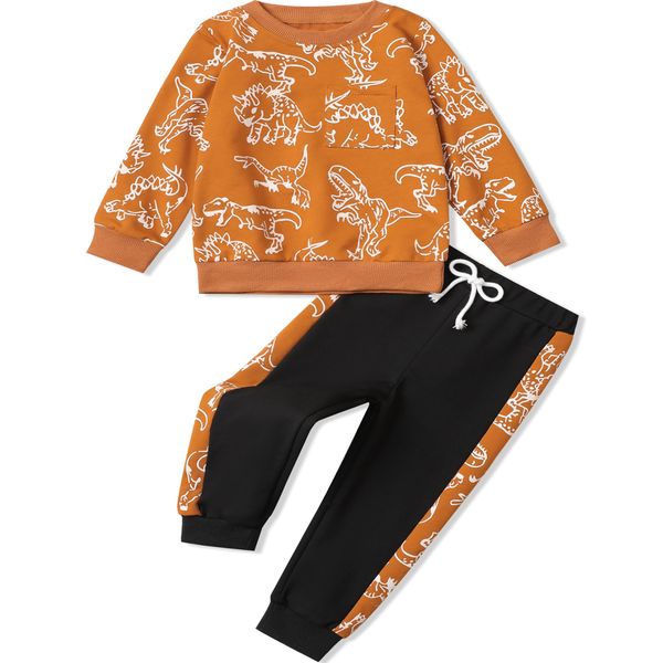 mksodopy Toddler Boy Clothes Dinosaur Print Sweatshirt Jogging Pants 2pcs fall winter toddler Boy Outifts Clothes Set (brown, 2-3T)