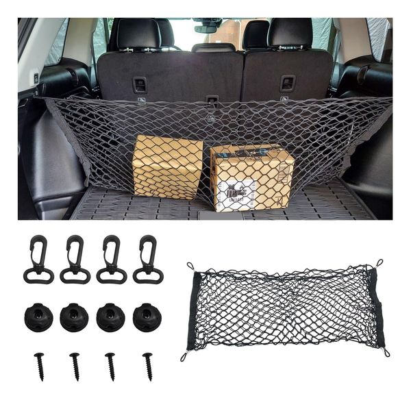 Suvnie Stretchable Cargo Net, Elastic Car Rear Cargo Pocket Mesh Net with 4 Mounting Screws and Hooks, Universal Automotive Cargo Netting Storage Pouch for Cars SUVs Boats (Large)