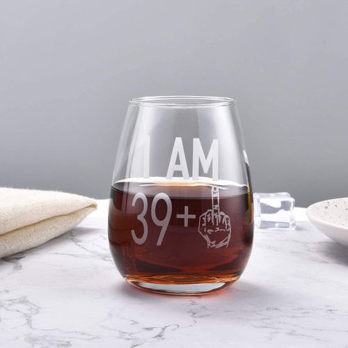 Livole 40th Birthday Gifts for Women Men, 15oz Stemless 39+ Pattern Birthday Wine Glass, Unique Funny Unbreakable Wine Tumbler for Friend Turning 40, Party Decoration