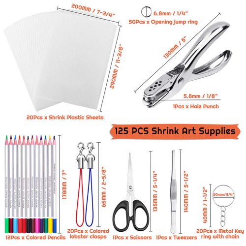 shynek Heat Shrink Plastic Sheets Keychain Kit, 125Pcs Shrink Art Kit Including 20 Pcs Shrink Paper Sheets, Hole Punch, Pencils, Keychains, Tweezers, Scissors for Crafts and Keychains