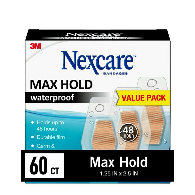 Nexcare Max Hold Waterproof Bandages, Stays On for 48 Hours, Flexible Bandages for Fingers, Knees and Heels - 60 Pack Clear Waterproof Bandages