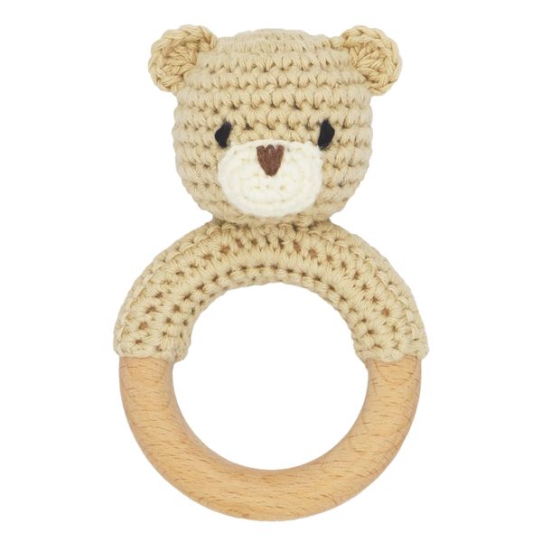 Joliecraft Safari Animals Wooden Baby Rattle Toys Stuffed Crochet Rattle with Teether Ring for Newborn, Beige Bear