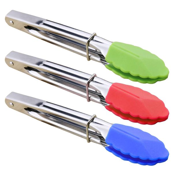 HINMAY Mini Tongs with Silicone Tips 7-Inch Serving Tongs, Set of 3 (Green Red Blue)