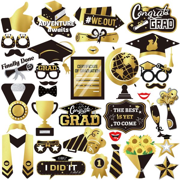 Abschlussfeier Deko 2025 36 Stück Schwarz Gold Graduierung Party Foto Booth Requisiten Dekoration Abschluss Deko Graduierung Fotorequisiten für Schulabschluss 2025 Bachelor Karneval Party Deko
